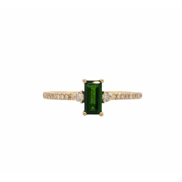 14k yellow gold ring featuring 0.40ct green tourmaline and 0.11cttw diamonds hand set along the top design of the ring. Petite c Hudson Valley Goldsmith New Paltz, NY