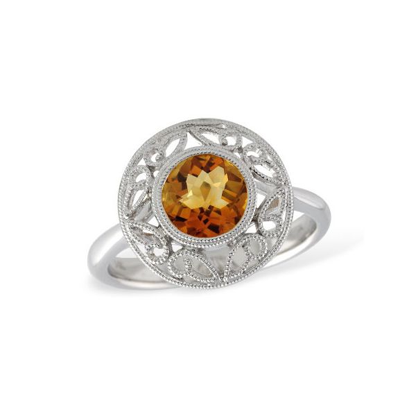 14K White Gold ring featuring 1.0ct Citrine With Milligrain Design Wrapping Around halo pattern. Hudson Valley Goldsmith New Paltz, NY