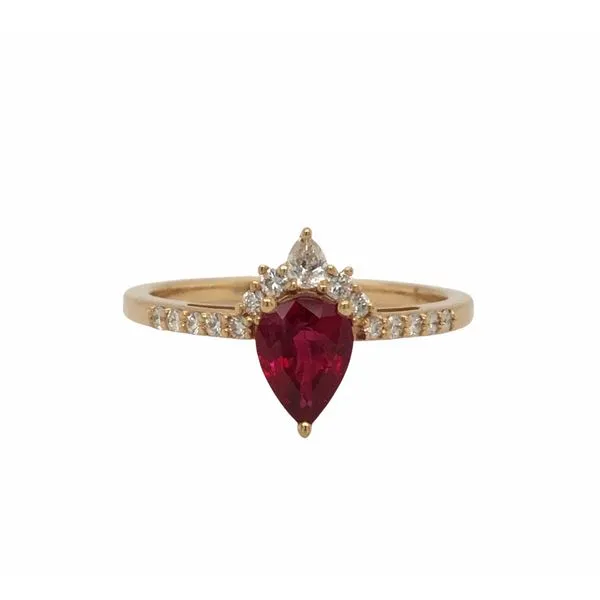 14k yellow gold ring featuring 0.80ct tear drop red ruby gemstone accented by 0.20cttw round and tear drop shape brilliant genui Hudson Valley Goldsmith New Paltz, NY