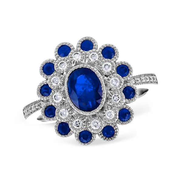 14k white gold ring featuring 1.41ctw blue sapphire gemstones and 0.20cttw diamonds, all set with bezeled milgrain edges with sc Hudson Valley Goldsmith New Paltz, NY