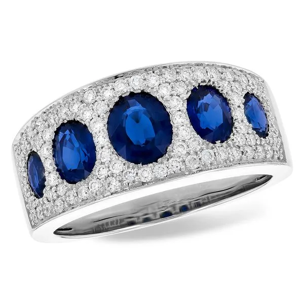 14k white gold ring featuring 1.75cttw blue sapphire gemstones and 0.35cttw diamonds pave set around the larger gemstones. Hudson Valley Goldsmith New Paltz, NY