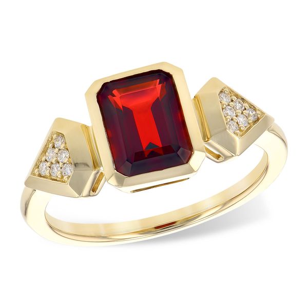 14k yellow gold ring featuring 2.08ct emerald cut red garnet gemstone, accented by 0.07cttw diamonds along side triangular patte Hudson Valley Goldsmith New Paltz, NY