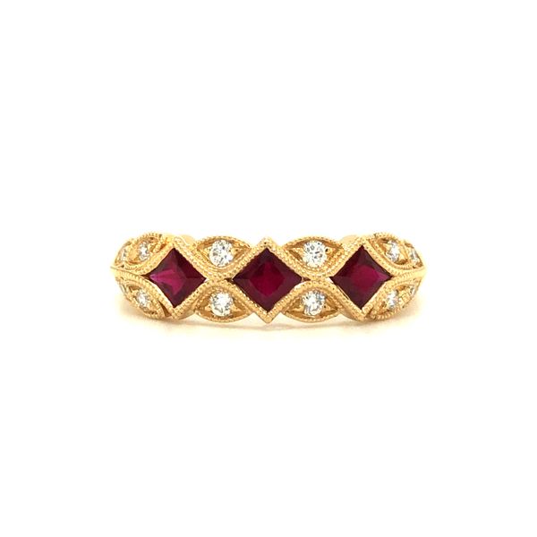 14k yellow gold ring featuring 0.55cttw ruby gemstones and 0.15cttw diamonds vintage inspired with milgrain details 14k yellow g Hudson Valley Goldsmith New Paltz, NY