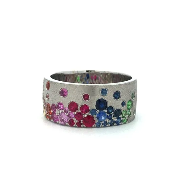 14K White Gold Cigar Band with Rainbow Gemstones Hudson Valley Goldsmith New Paltz, NY