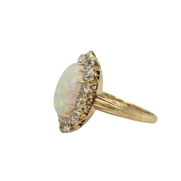 ESTATE 18k yellow gold ring featuring an oval cabachon 3.17ct Australian Opal surrounded by approximately 2.00cttw Old Euro cut  Image 2 Hudson Valley Goldsmith New Paltz, NY