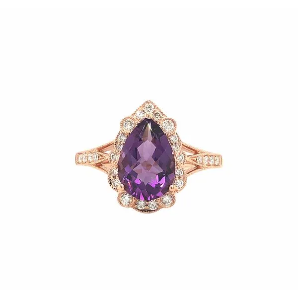 14K Rose Gold Pear Shaped Ring with 1.53ct Amethyst &.22ctw Diamond Halo pattern with milgrain edges Hudson Valley Goldsmith New Paltz, NY