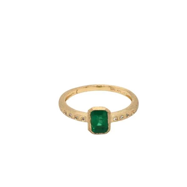 14 K Yellow Gold Ring With A Bezel Set 0.41 Ct Emerald And 0.03 Ctw Side Diamonds In Brushed Gold Hudson Valley Goldsmith New Paltz, NY
