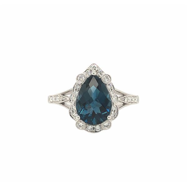 14K White Gold Pear Shaped Ring with 2.25ct London Blue Topaz &.22ctw Diamond Halo Hudson Valley Goldsmith New Paltz, NY