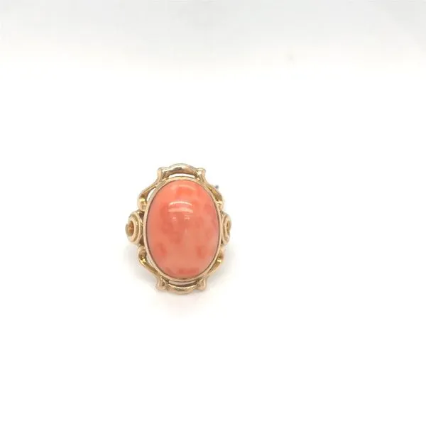 ESTATE 14k yellow gold ring featuring a 15x11mm oval cabachon pinkish/white coral Hudson Valley Goldsmith New Paltz, NY