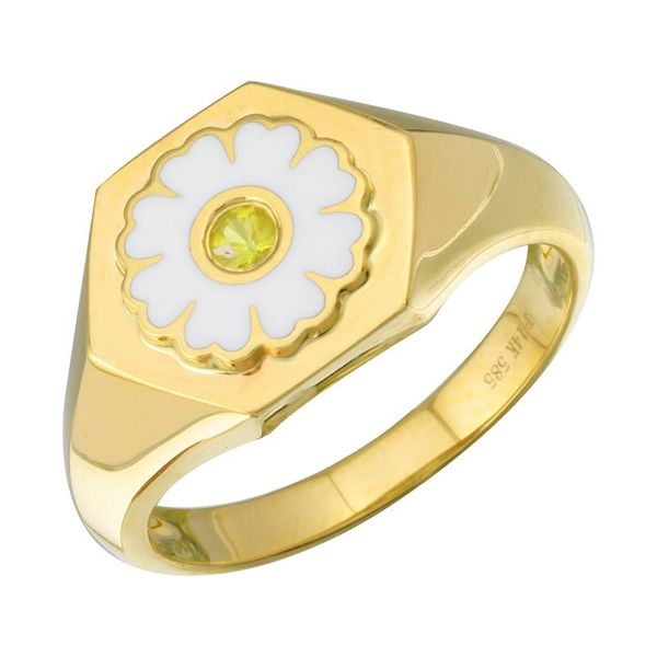 14k Yellow Gold Enamel Flower Ring<br>Hexagon: 10.5mm X 13mm / Band: 3mm / Flower 9mm Hudson Valley Goldsmith New Paltz, NY