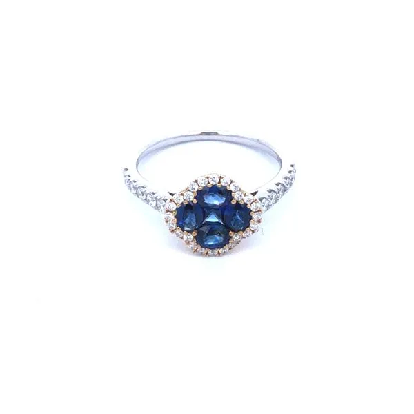 18k white and yellow gold ring faturing center cluster of blue sapphire gemstones surrounded by a yellow gold halo of diamonds and larger diamonds set along the band of the ring, 0.37cttw natural diamonds Hudson Valley Goldsmith New Paltz, NY