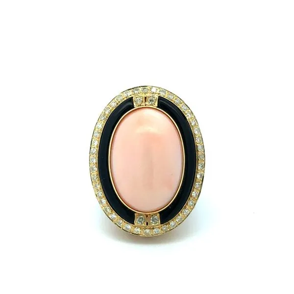 1980S 14K Yellow Gold Cocktail Ring with Pink Coral Center Hudson Valley Goldsmith New Paltz, NY