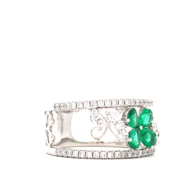 18K White Gold Floral Ring with Emeralds and Diamond Pave Image 3 Hudson Valley Goldsmith New Paltz, NY