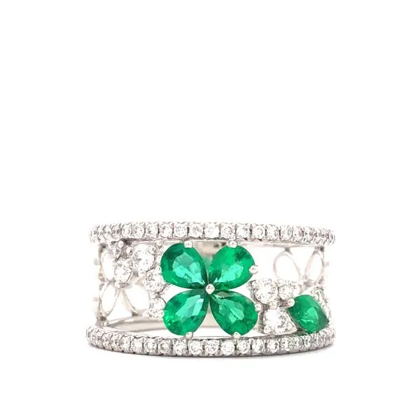 18K White Gold Floral Ring with Emeralds and Diamond Pave Hudson Valley Goldsmith New Paltz, NY