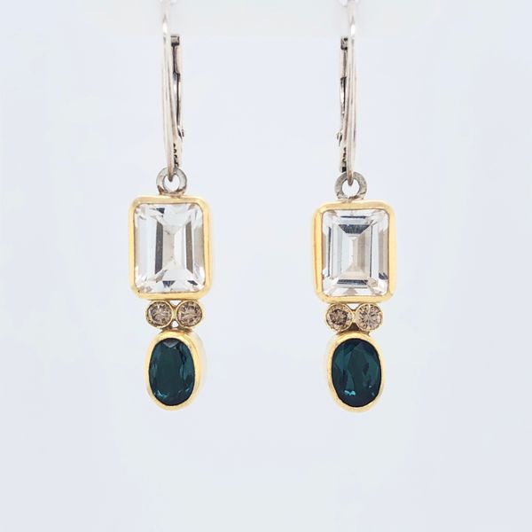 18K Yellow Gold/Sterling Silver White Topaz Blue Tourmaline And Brown Diamond Lever Back Earrings Hudson Valley Goldsmith New Paltz, NY
