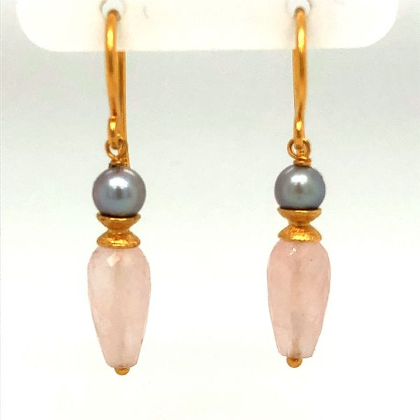 Sterling Vermeil<br>Grey pearl<br>Rose quartz <br>KW ears Hudson Valley Goldsmith New Paltz, NY