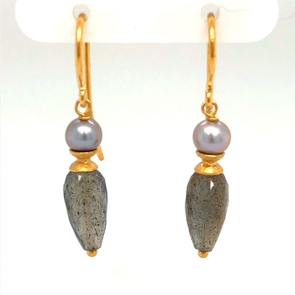Sterling Vermeil<br>Grey pearl<br>Labradorite earrings<br>KW ears Hudson Valley Goldsmith New Paltz, NY