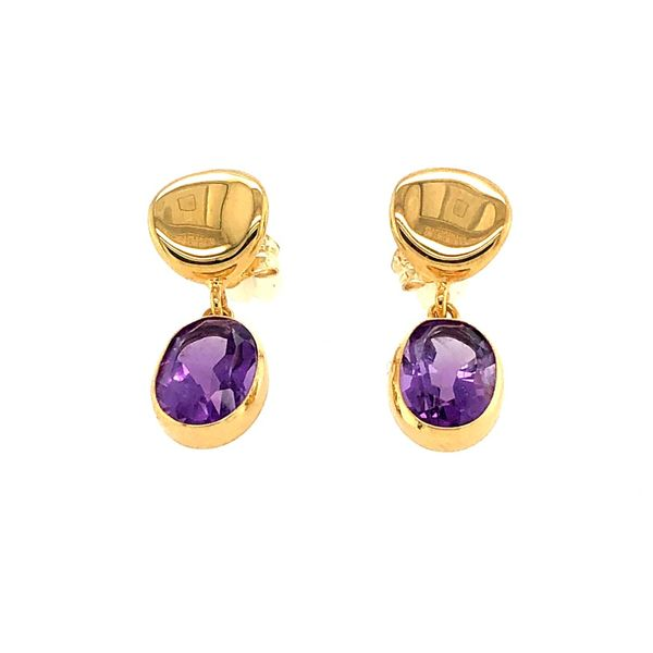 14k yellow gold posts dangle oval amethyst earrings Hudson Valley Goldsmith New Paltz, NY