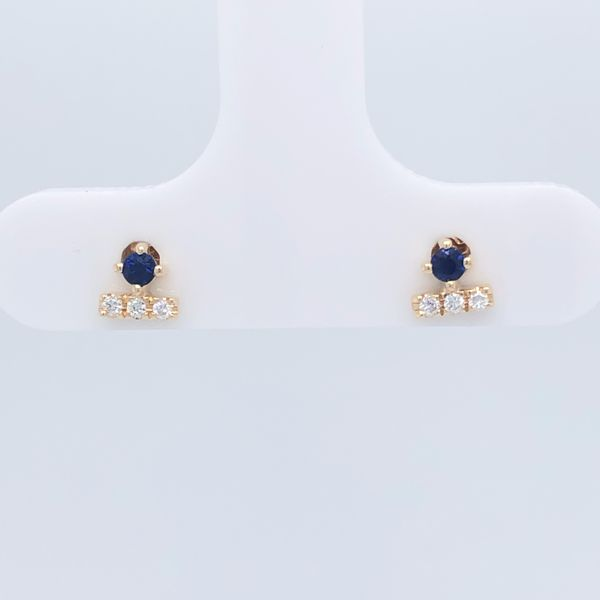 14k yellow gold earrings featuring blue sapphires and 0.03cttw diamonds. post style backs with heavy friction backs Hudson Valley Goldsmith New Paltz, NY