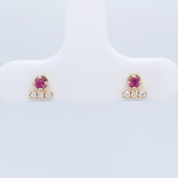 14k yellow gold earrings featuring rubies in the center with 0.03cttw diamonds set along a bottom bar. Post style backs with hea Hudson Valley Goldsmith New Paltz, NY