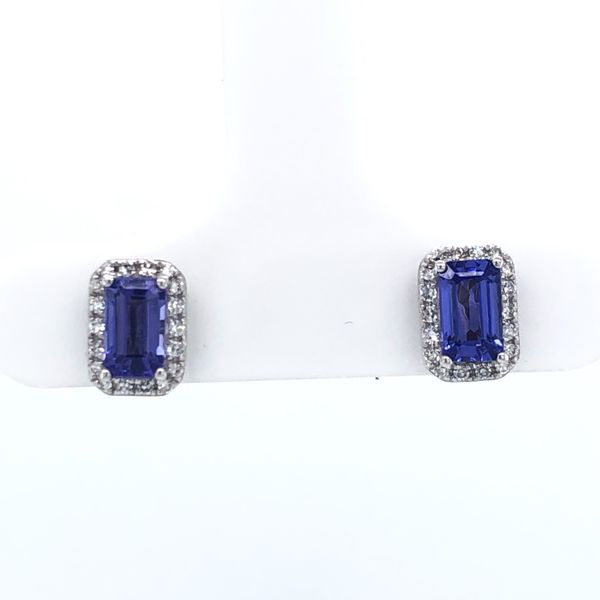 14k white gold post stud style earrings with emerald cut tanzanite gemstones in the center accented by 0.10cttw diamonds set in  Hudson Valley Goldsmith New Paltz, NY