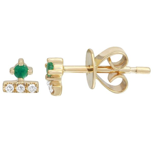 14k yellow gold bar stud featuring 0.03cttw diamonds and round green emeralds with friction backs. Hudson Valley Goldsmith New Paltz, NY