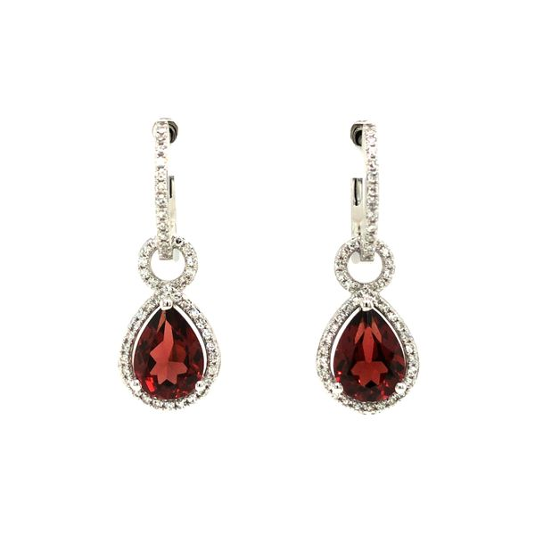 14k white gold huggie style earrings featuring 2.80ct pear shape garnet gemstones with halo design of 0.30cttw diamonds that con Hudson Valley Goldsmith New Paltz, NY