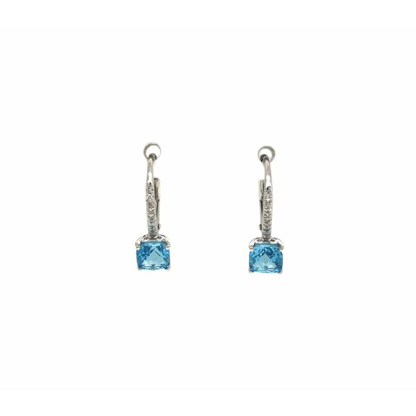 14k white gold lever back earrings featuring 0.05cttw diamonds and 1.74cttw cushion cut Blue topaz drop earrings Hudson Valley Goldsmith New Paltz, NY
