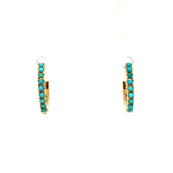 14k Yellow gold & turquoise huggie style earrings Hudson Valley Goldsmith New Paltz, NY