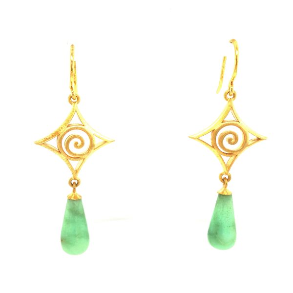 Sterling silver with 24k vermeil swirl drop earrings featuring chrysoprase drop gemstones Hudson Valley Goldsmith New Paltz, NY