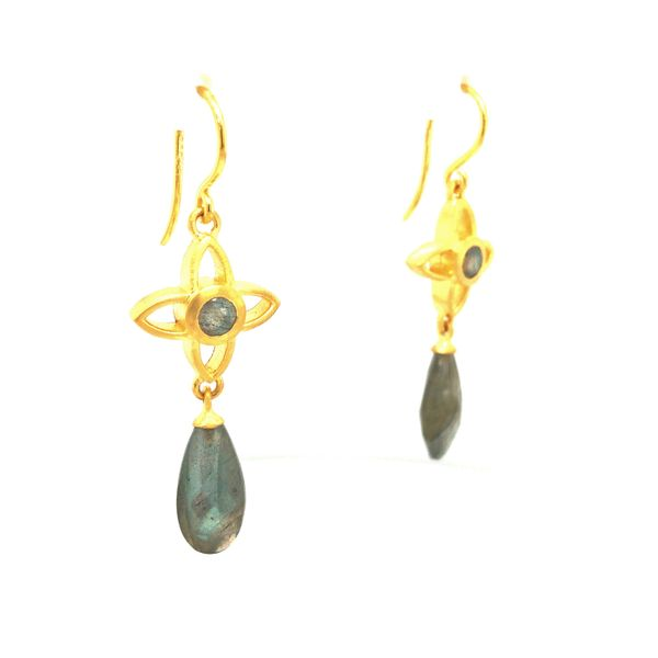 Sterling silver 24k vermeil earrings featuring faceted round and tear drop labradorite drop designs Image 2 Hudson Valley Goldsmith New Paltz, NY