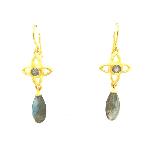 Sterling silver 24k vermeil earrings featuring faceted round and tear drop labradorite drop designs Hudson Valley Goldsmith New Paltz, NY