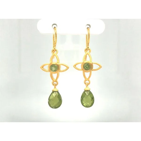 Sterling silver 24k vermeil drop earrings featuring round facted and tear drop faceted peridot gemstones Hudson Valley Goldsmith New Paltz, NY