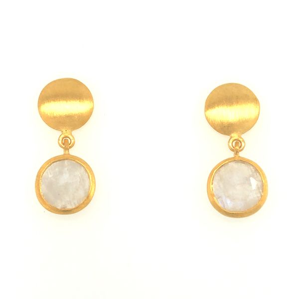 Sterling silver 24k vermeil post earrings featuring domed post with bezel set rainbow moonstone gemstones that drop below the st Hudson Valley Goldsmith New Paltz, NY