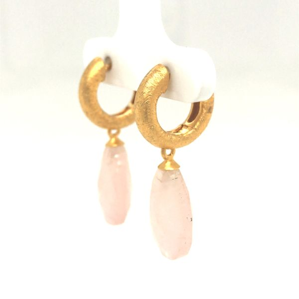 Sterling silver 24k gold vermeil huggie style earrings featuring faceted rose quartz tear shape drops Image 2 Hudson Valley Goldsmith New Paltz, NY