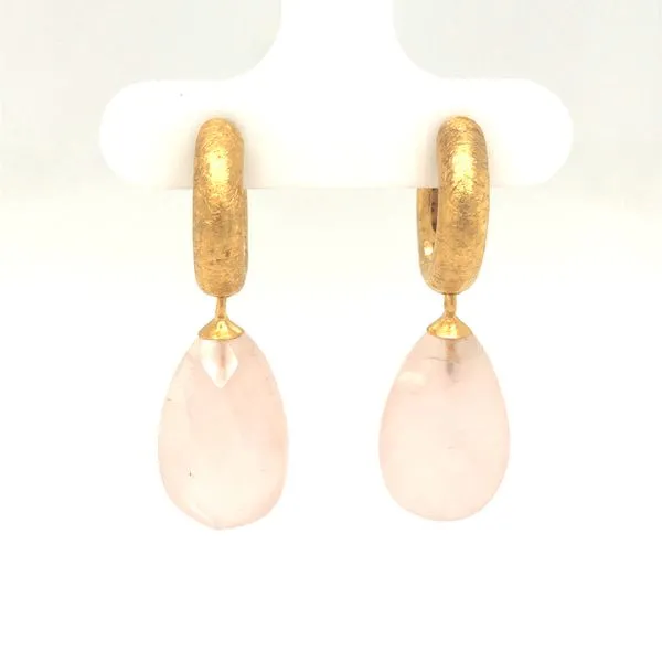 Sterling silver 24k gold vermeil huggie style earrings featuring faceted rose quartz tear shape drops Hudson Valley Goldsmith New Paltz, NY