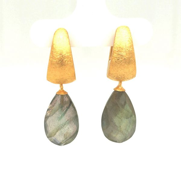Sterling silver 24k gold vermeil oblong wide huggie earrings with large tear drop faceted labradorite gemstones Hudson Valley Goldsmith New Paltz, NY