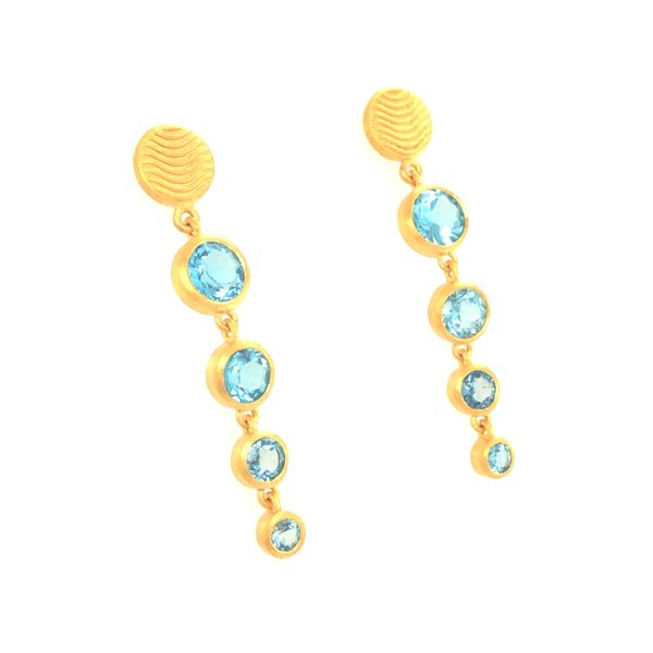 Sterling silver 24k gold vermeil calming post earring design with four round faceted blue topaz gemstones in each ear that drop  Image 2 Hudson Valley Goldsmith New Paltz, NY