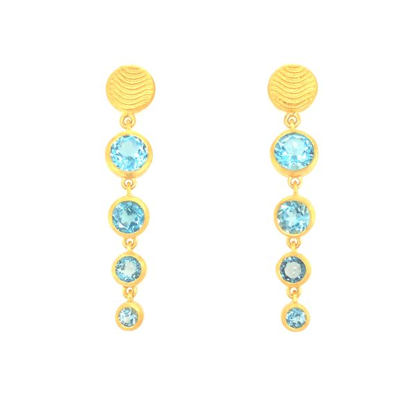 Sterling silver 24k gold vermeil calming post earring design with four round faceted blue topaz gemstones in each ear that drop  Hudson Valley Goldsmith New Paltz, NY