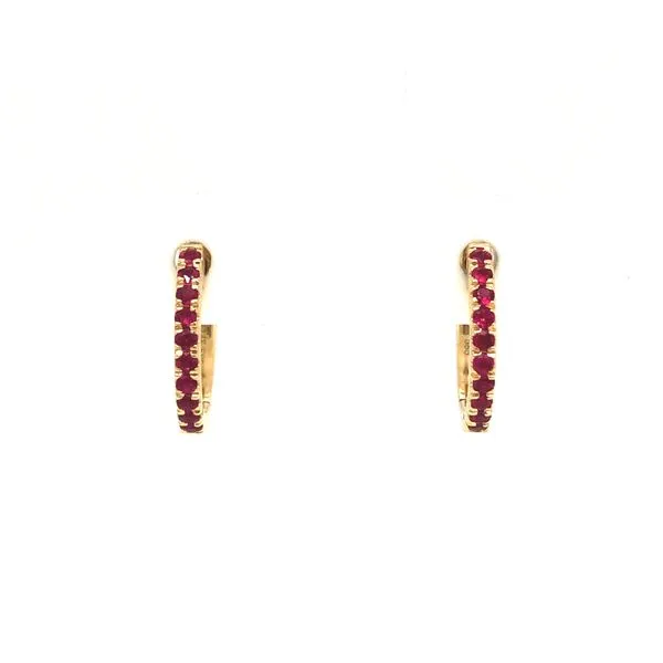 14k yellow gold huggie style earrings featuring hand set ruby gemstones along the front of each earring Hudson Valley Goldsmith New Paltz, NY