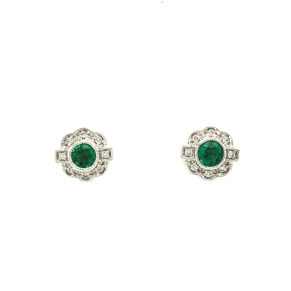 14K White Gold Diamond And Round Emerald Post Vintage Style Earrings 0.05 Ctw Diamonds, 0.33 Ctw Emeralds Hudson Valley Goldsmith New Paltz, NY