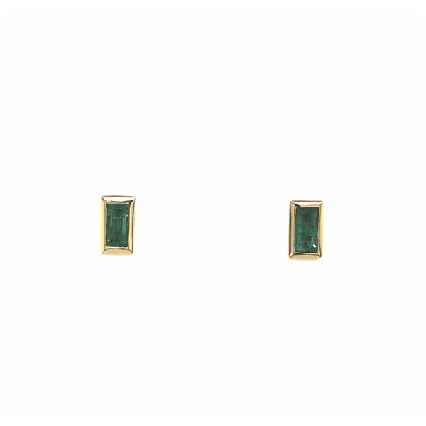 14k yellow gold bezel earrings featuring 0.30cttw green emeralds bezel set on post style earrings with heavy friction backs Hudson Valley Goldsmith New Paltz, NY