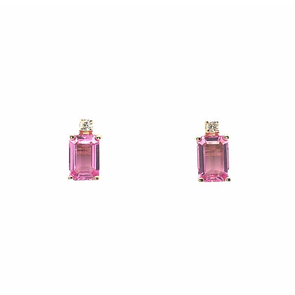 14K Yellow Gold 6 By 4 Mm Emerald Cut Pink Sapphire/ 0.04 Ctw Diamond Earrings Hudson Valley Goldsmith New Paltz, NY