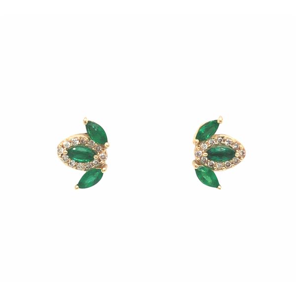 14k yellow gold post earrings featuring 0.66cttw green emerald gemstones and 0.12cttw round brilliant diamonds. Hudson Valley Goldsmith New Paltz, NY