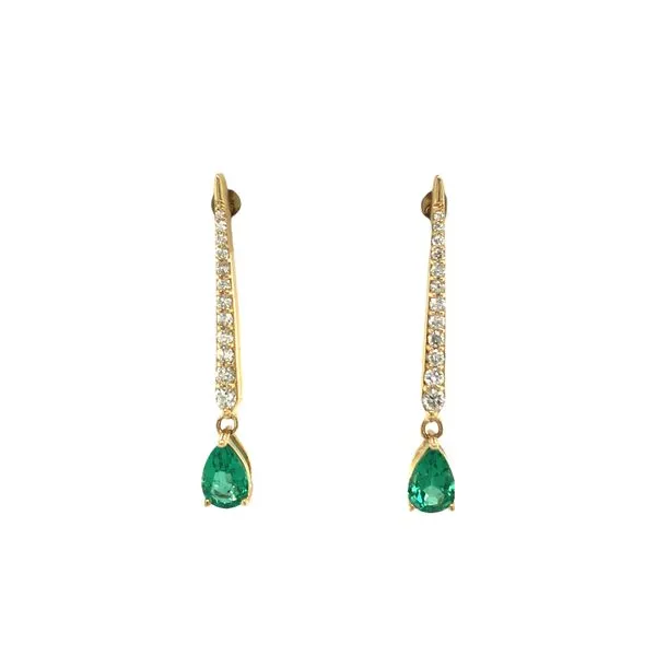 14k yellow gold post earrings featuring 0.80cttw tear drop shape green emerald gemstones and 0.23cttwround brialliant diamonds all hand set along a tiered drop design. Hudson Valley Goldsmith New Paltz, NY