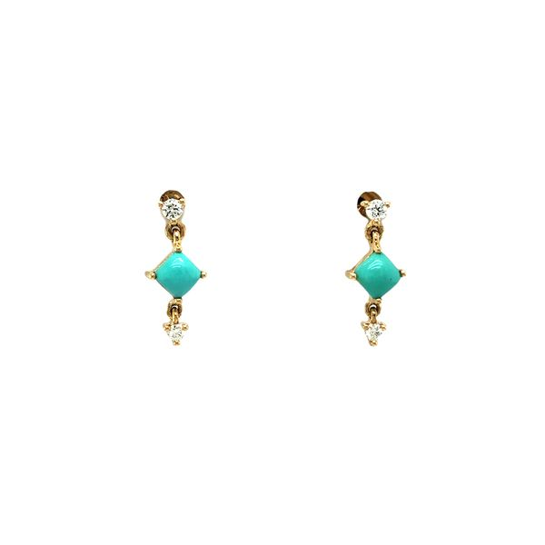 14k yellow gold post earrings featuring three sectional drops, 0.07cttw round brilliant diamonds and 0.37cttw turquoise gemstone Hudson Valley Goldsmith New Paltz, NY