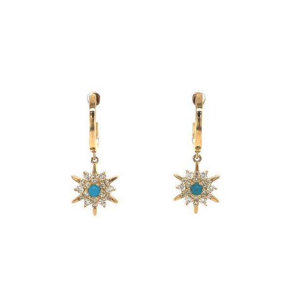 14k yellow gold huggie style earrings featuring drop sunburst design of 0.18cttw round brilliant diamonds and turquoise gemstone Hudson Valley Goldsmith New Paltz, NY