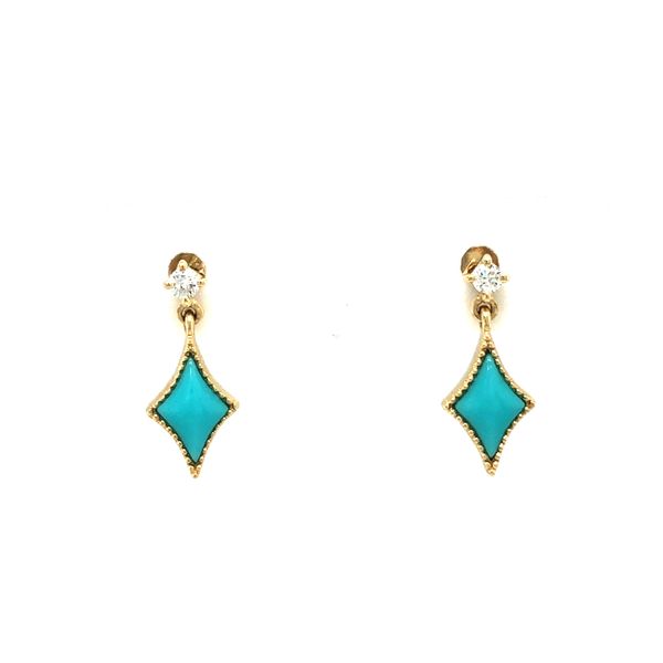 14k yellow gold post earrings featuring 0.05ctw round diamonds and marquise cut cabachon turquoise gemstones 14k yellow gold pos Hudson Valley Goldsmith New Paltz, NY