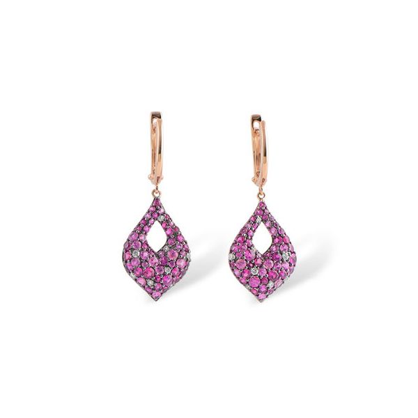 14K rose gold petal pattern earrings featuring 2.45ctw Pink Sapphires & 0.16ctw diamonds. earrings have hinged lever back closur Hudson Valley Goldsmith New Paltz, NY