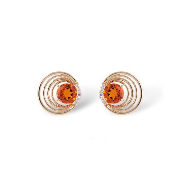 14K Yellow Gold & 1.35cttw Citrine Retro Orbit Earrings, accented with 0.08cttw diamonds. post style earring closures. Hudson Valley Goldsmith New Paltz, NY
